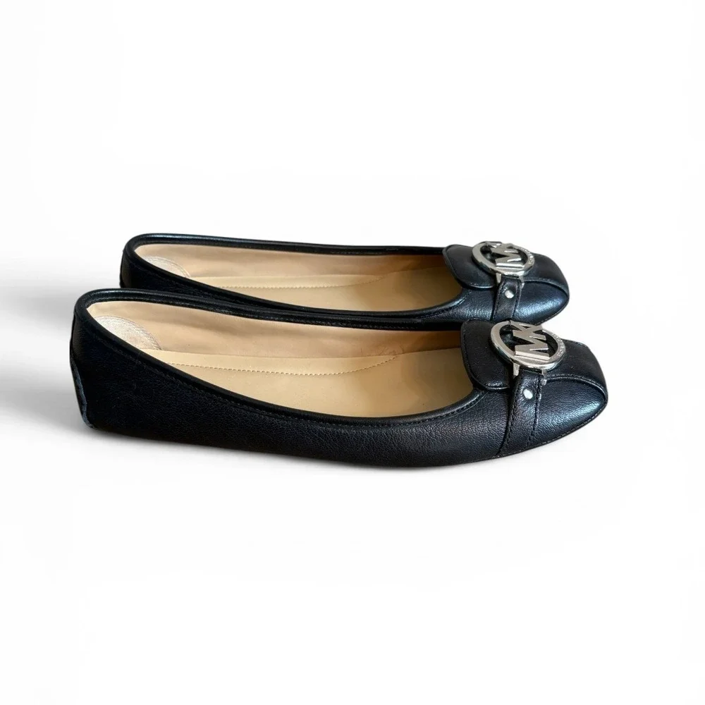 Michael Kors Fulton Moc Black Pebbled Leather Ballet Flats Silver MK Logo‎ Shoes